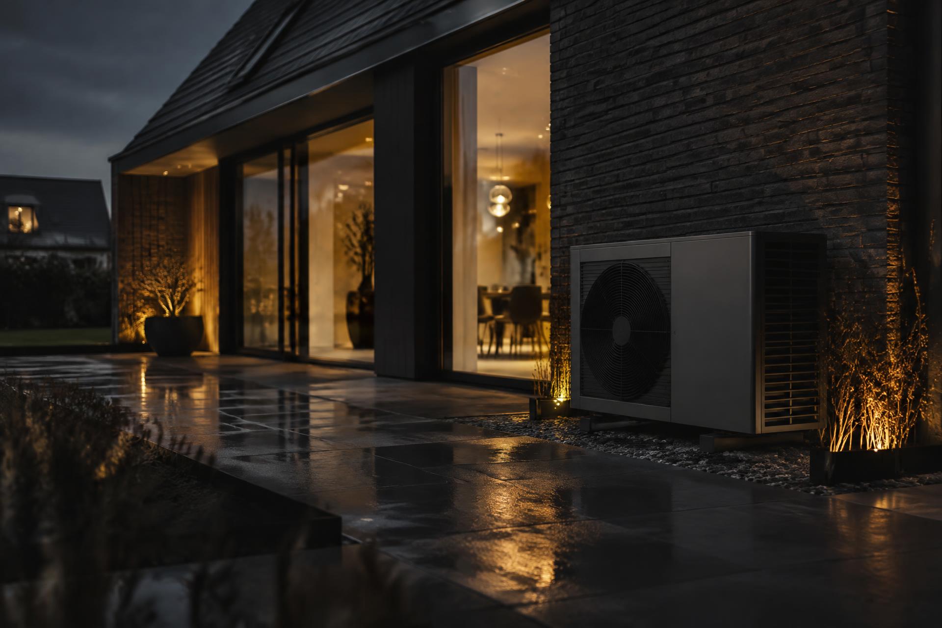 Moderne woning in de avond met warmtepomp